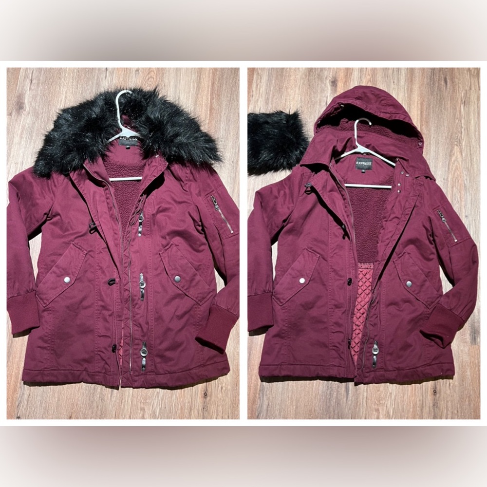 Express removable faux fur collared warm hooded coat